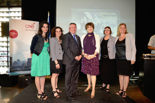 from left to right: Mouna Andraos, Digital Spring spokesperson; Nathalie Maillé, Montreal’s arts council CEO; Richard Deschamps, 1st vp of CRE; Hélène David, minister of culture, communications and responsible for the promotion and protection of the French language; Monique Savoie, president, founder and artistic director of SAT; and Marie-Claire Dumas, CRE CEO